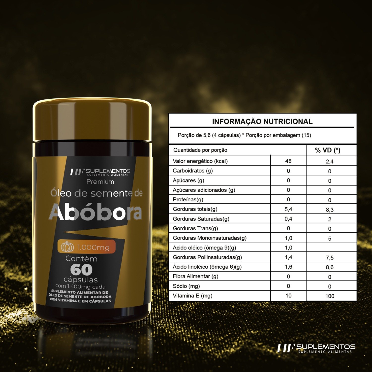 Frasco do Óleo de Semente de Abóbora HF Suplementos - frente com descrição